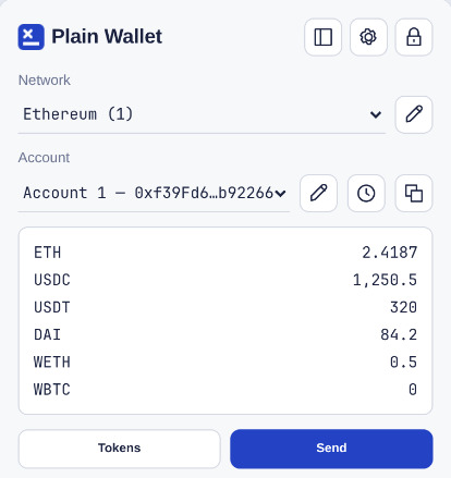 Plain Wallet popup: network and account selectors above a list of token balances, with Tokens and Send buttons.