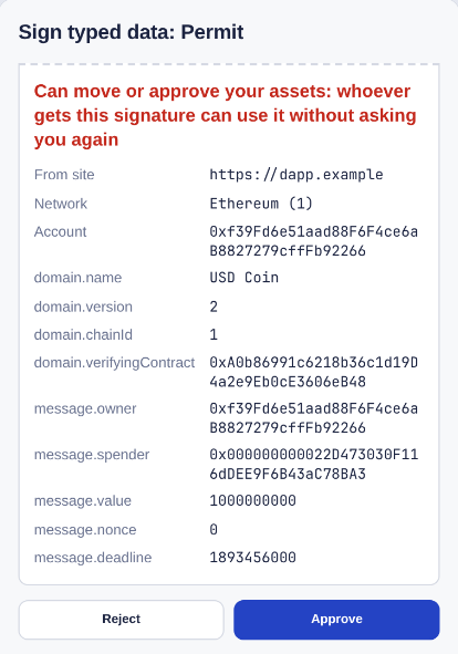 Typed data signature for a Permit, with a red warning that it can move your assets.
