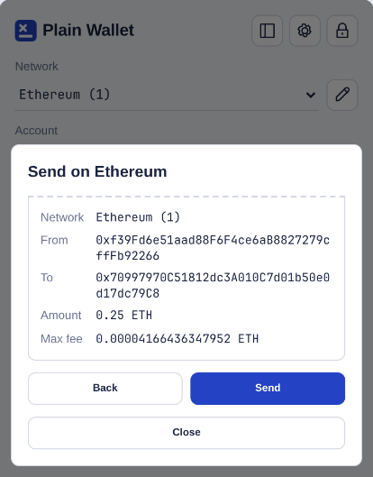 Send review: network, from, to, amount and max fee.